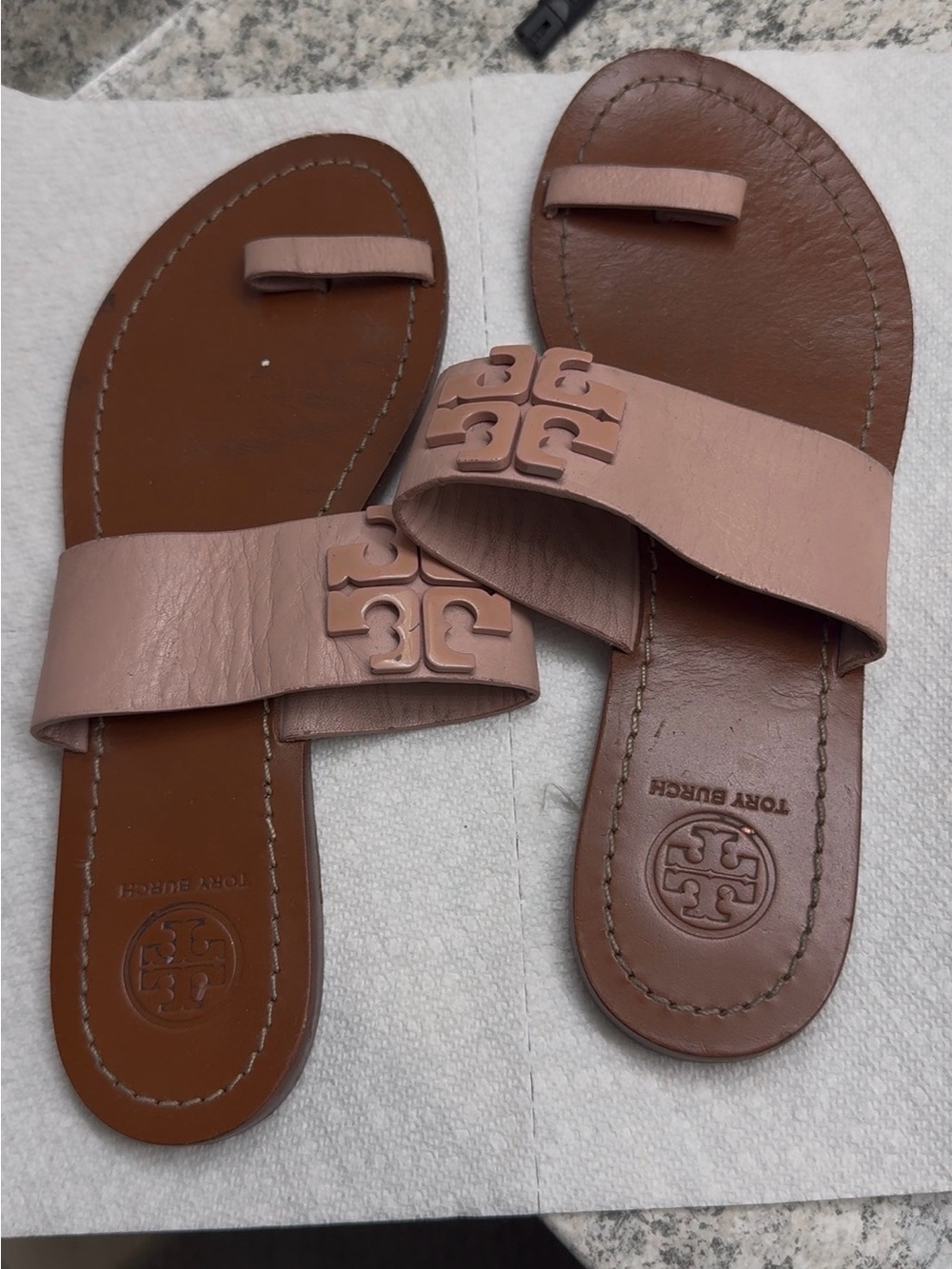 Tory Burch Blush Pink Leather Logo Slide Sandals